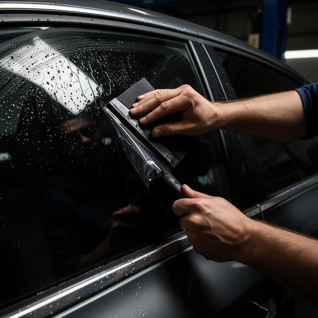 Gabe installing window tint with precision squeegee technique